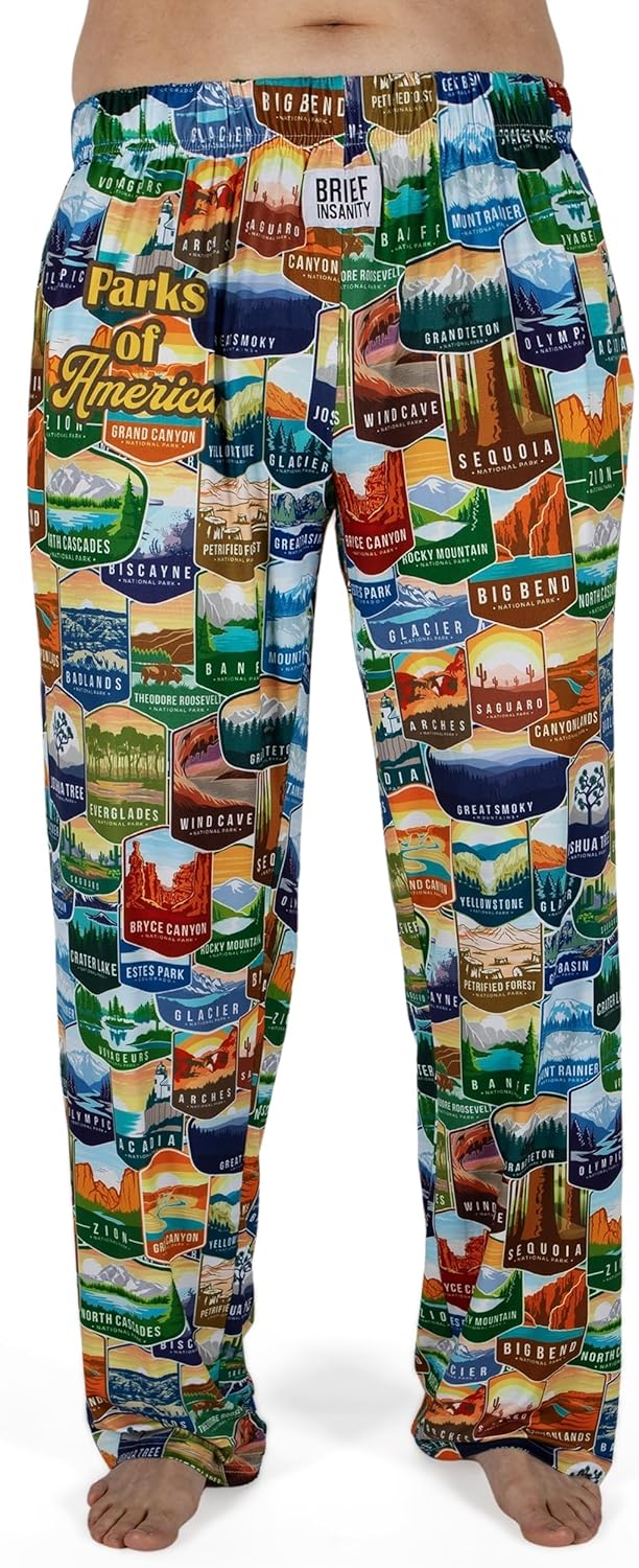 BRIEF INSANITY Lounge Pajama Pants for Men and Women| Parks of America Camping Souvenier Print Bottoms - Comfy, Ultra Soft, Novelty Unisex Loungewear (Parks of America Pants, XX-Large)