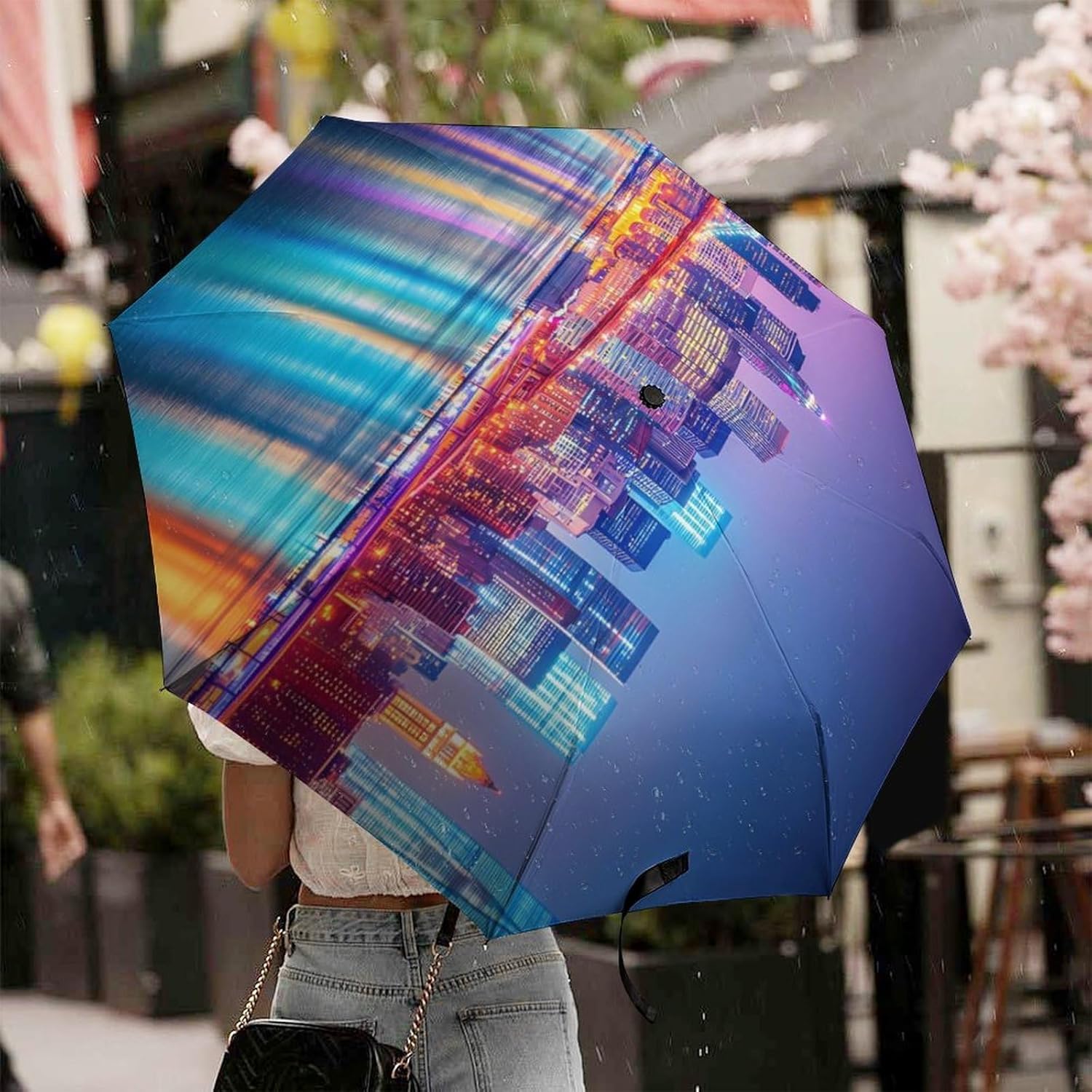 New York City Night Skyline Travel 3 Fold Automatic Umbrella Lightweight Compact Manual Umbrellas for Rain Sun