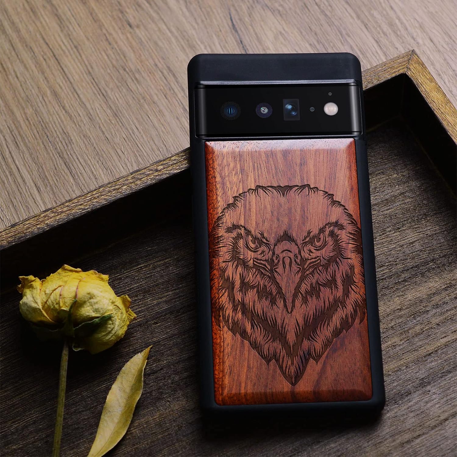 Carveit Wood Case for Pixel 6 Pro Case [Natural Wood & Black Soft TPU] Shockproof Protective Unique Wooden Cover Compatible with Google Pixel 6 Pro (Eagle Carving-Rosy)