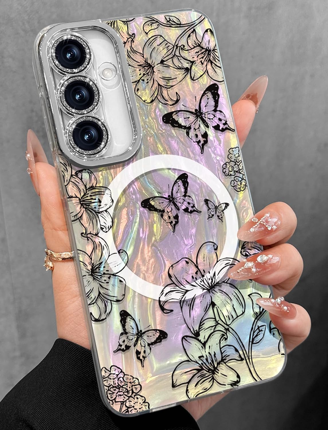 Toycamp for Samsung Galaxy S25/S24 Case - Compatible with Magsafe Aesthetic Cute Holographic Galaxy S25 Case with Diamond Bling Lens Protector for Samsung S24 Cover for Women Girls, Lily Butterfly