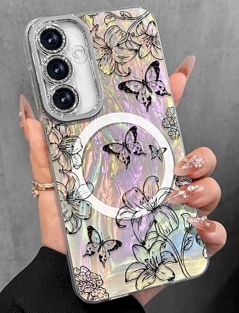 Toycamp for Samsung Galaxy S24 FE Case - Compatible with Magsafe Aesthetic Cute Holographic Galaxy S24 FE Case with Diamond Bling Lens Protector Cover for Women Girls, Lily Butterfly