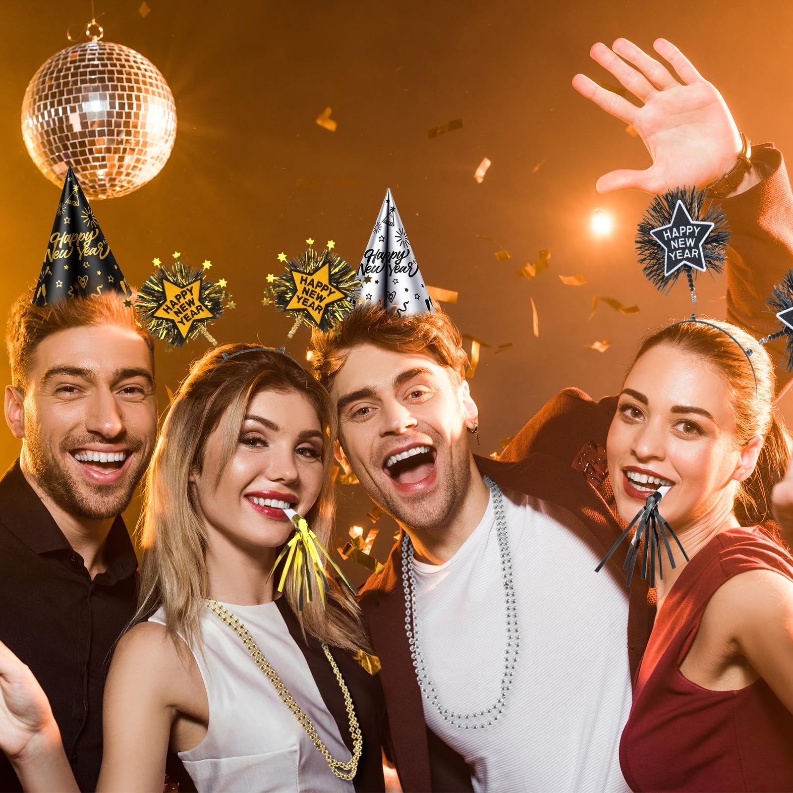 Suministros de fiesta de Año Nuevo 2025, suministros de fiesta de Año Nuevo, diadema, sombrero de papel, gafas, collar de cuentas, fabricante de ruido