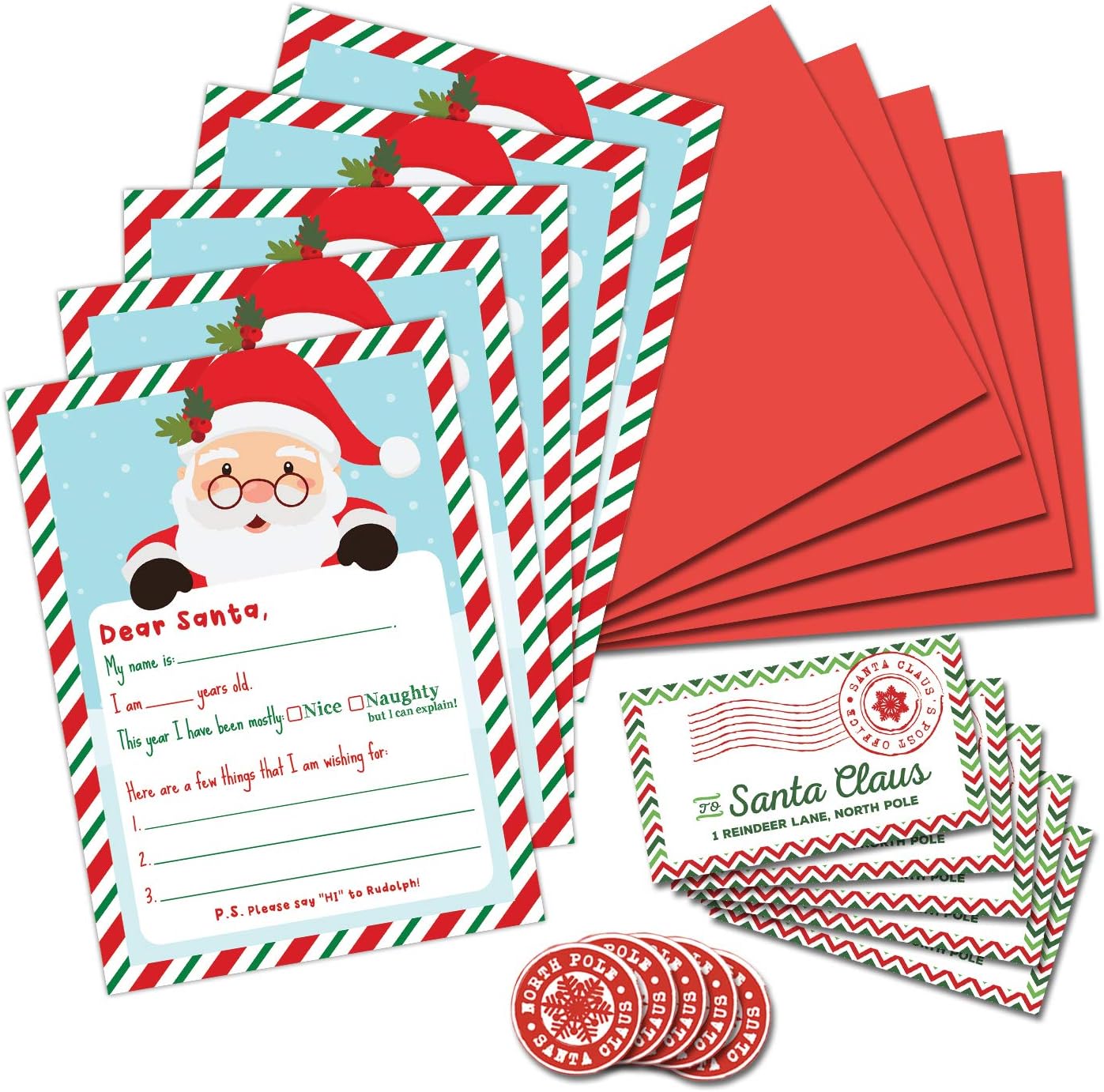 Pink Pixie Studio Letter to Santa Christmas Wish List Writing Kit- Pack of 5- Fill in The Blank 5 x 7 Cards with Red Envelopes & Stickers- Holiday Family Tradition- Christmas Nice & Naughty List Elf