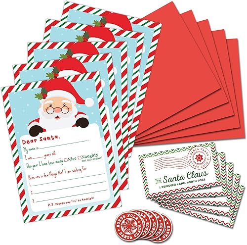 Kit de escritura de lista de deseos de Navidad de Carta a Santa - Paquete de 5 tarjetas en blanco de 5 x 7 con sobres rojos y calcomanías, tradición