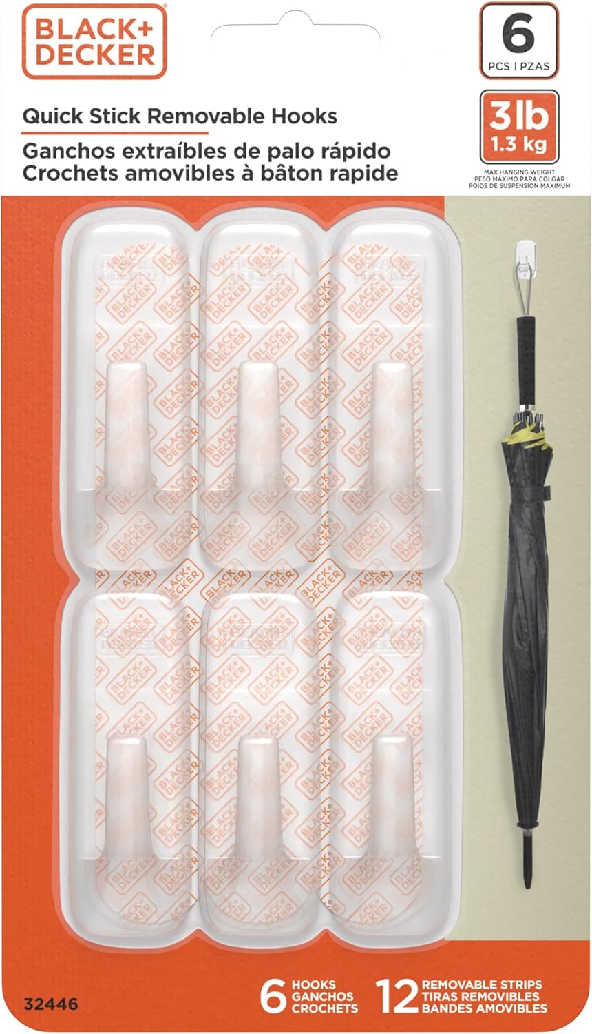 Black+Decker Solid Wall Hooks, Quick Stick Adhesive, Removeable, 6 Wall Hooks, 12 Adhesive Strips, Hang Decorations Without Damaging Walls, up to 3 lbs., Clear
