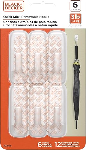 BLACK+DECKER Ganchos de pared sólidos, adhesivo de adherencia rápida, extraíble, 6 ganchos de pared, 12 tiras adhesivas, colgar decoraciones sin