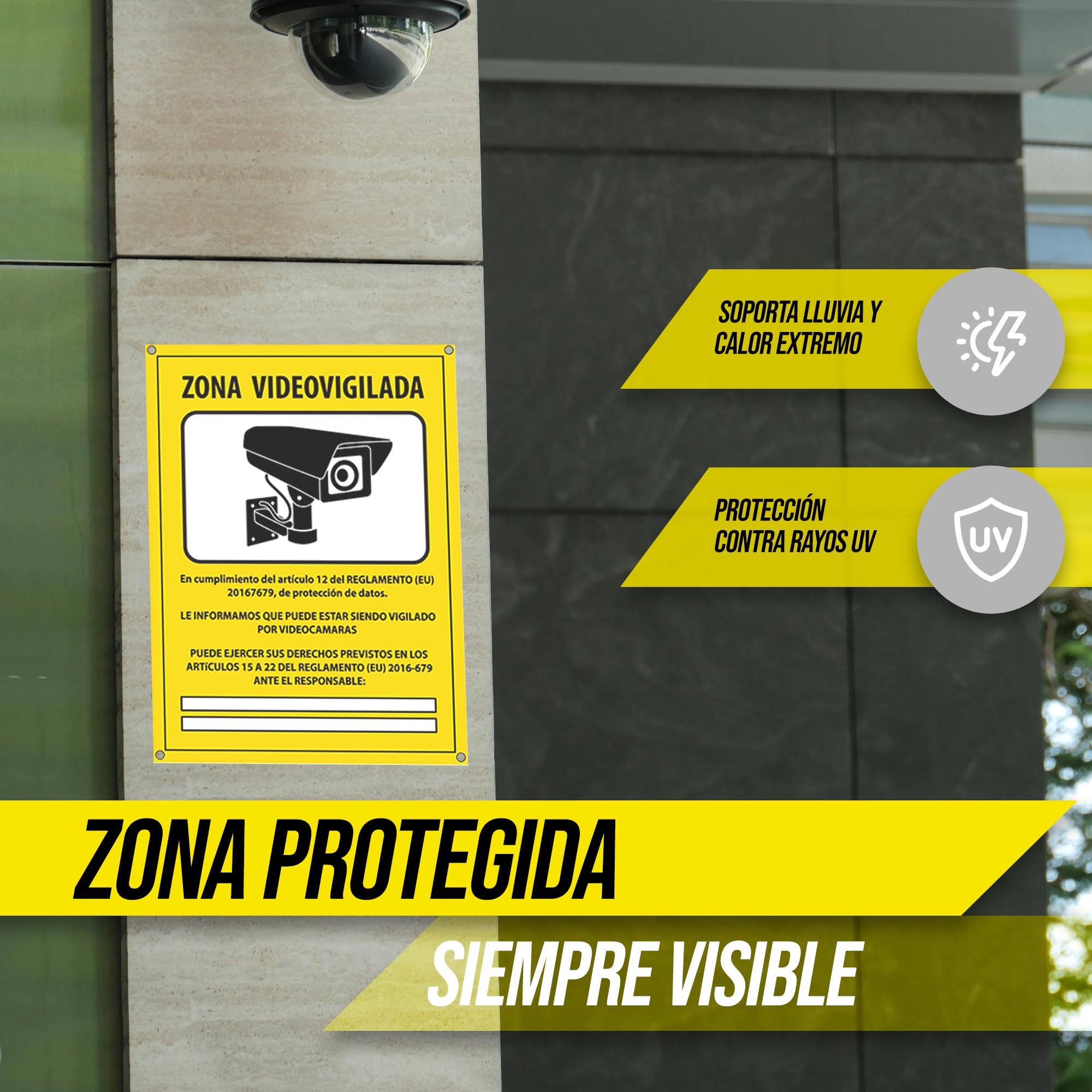 Señal Seguridad Exterior Cartel Zona Videovigilada - 10x10 Cm, Aluminio Reflectante, Exterior Cartel Videovigilancia
