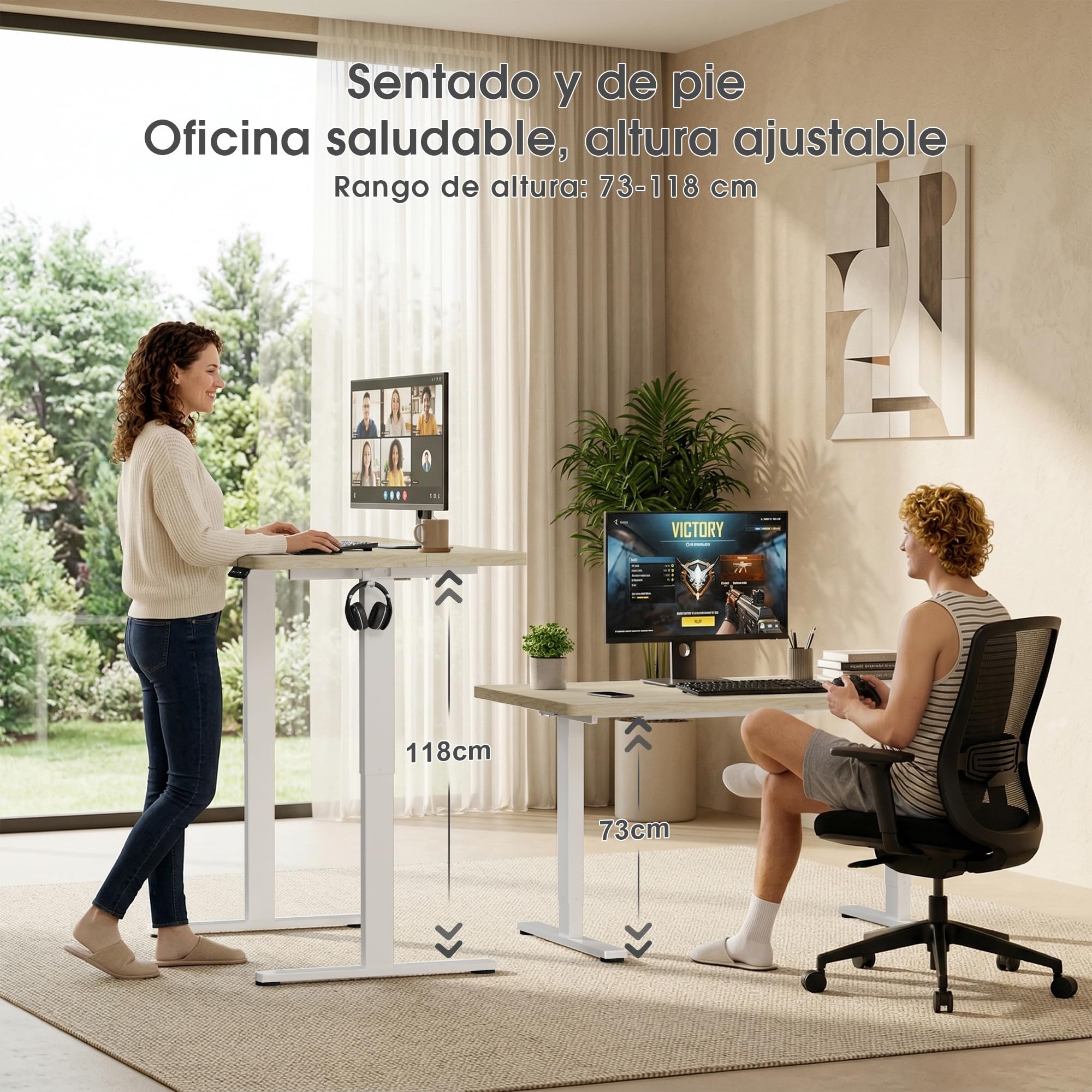 JUMMICO Escritorio eléctrico de Altura Ajustable 140 x 70 cm, Escritorio eléctrico con Bandeja de gestión de Cables, Escritorio de pie y Mesa abatible de 18 mm, Beige