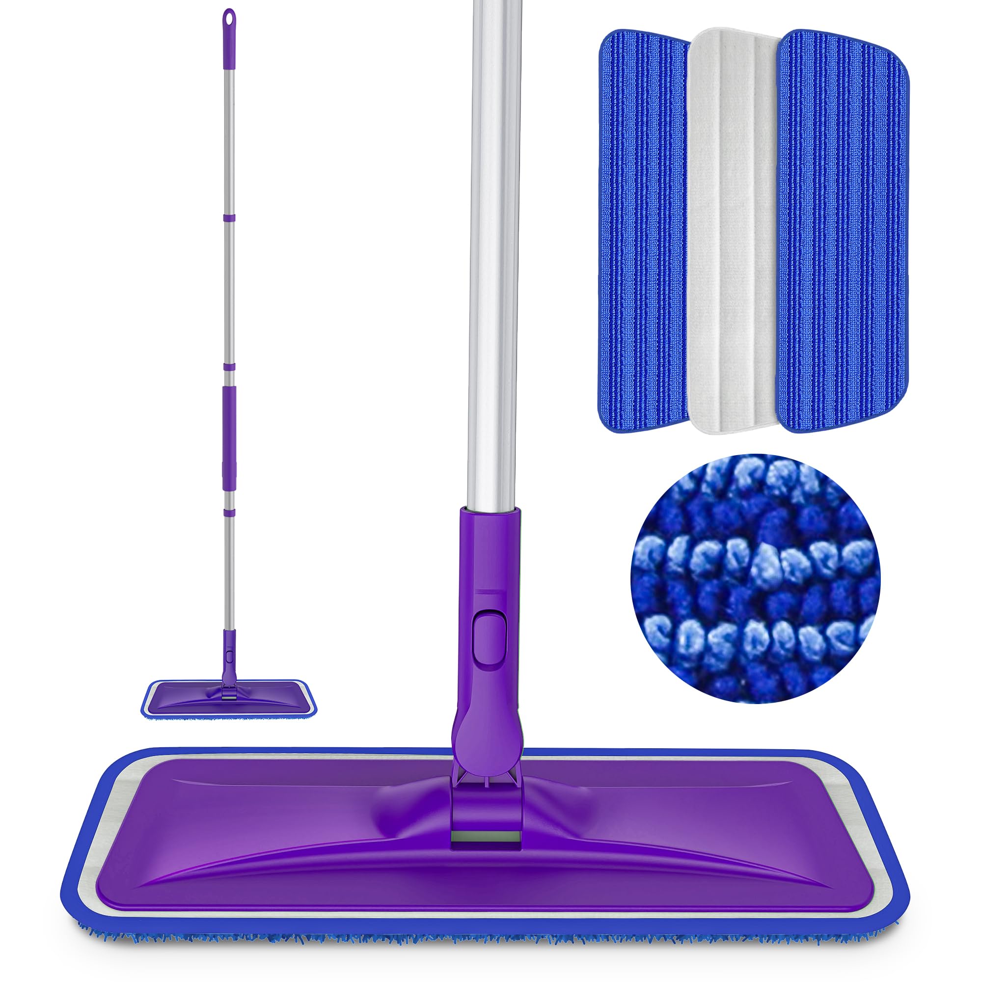 Microfibre Mops for Cleaning Floors - BPAWA Flat Floor Mop with 3 Reusable Washable Mop Pads and Adjustable Long Handle,Swivel Wet Dry Dust Mop for Hardwood Laminate Wood Tile Vinyl Wall Floors,Purple