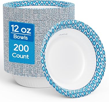 MUCHII 12 Oz Paper Bowls 200 Counts Disposable Bowls, Printed Soak Proof Small Bowls for Breakfast, Lunch, and Dinner Meals