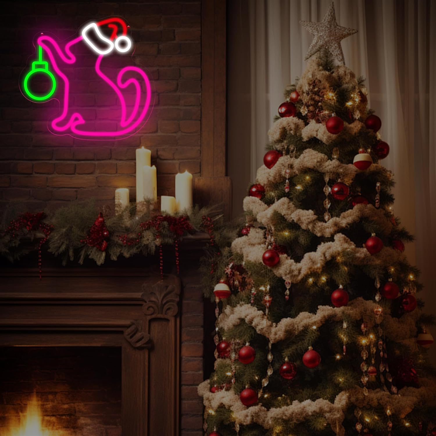 Christmas Neon Sign - Pink Cat With Santa Hat Neon Signs For Wall Decor Christmas Party Decoration New Year Gift Neon Light Sign 13.7″ × 12.5″