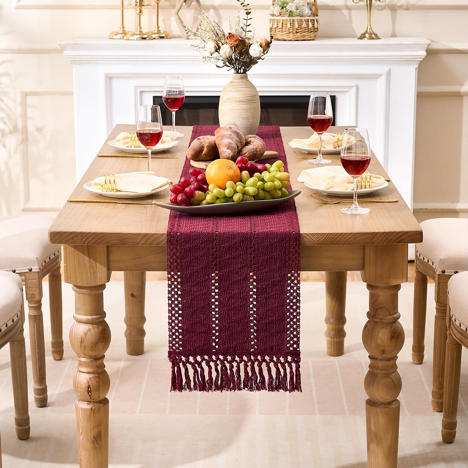 Spring Boho Red Bordeaux Table Runner with Tassels Macrame Farmhouse Style Kitchen Dining Table Wedding Decoration Table Runner for Indoor Outdoor Party 30 x 140 cm