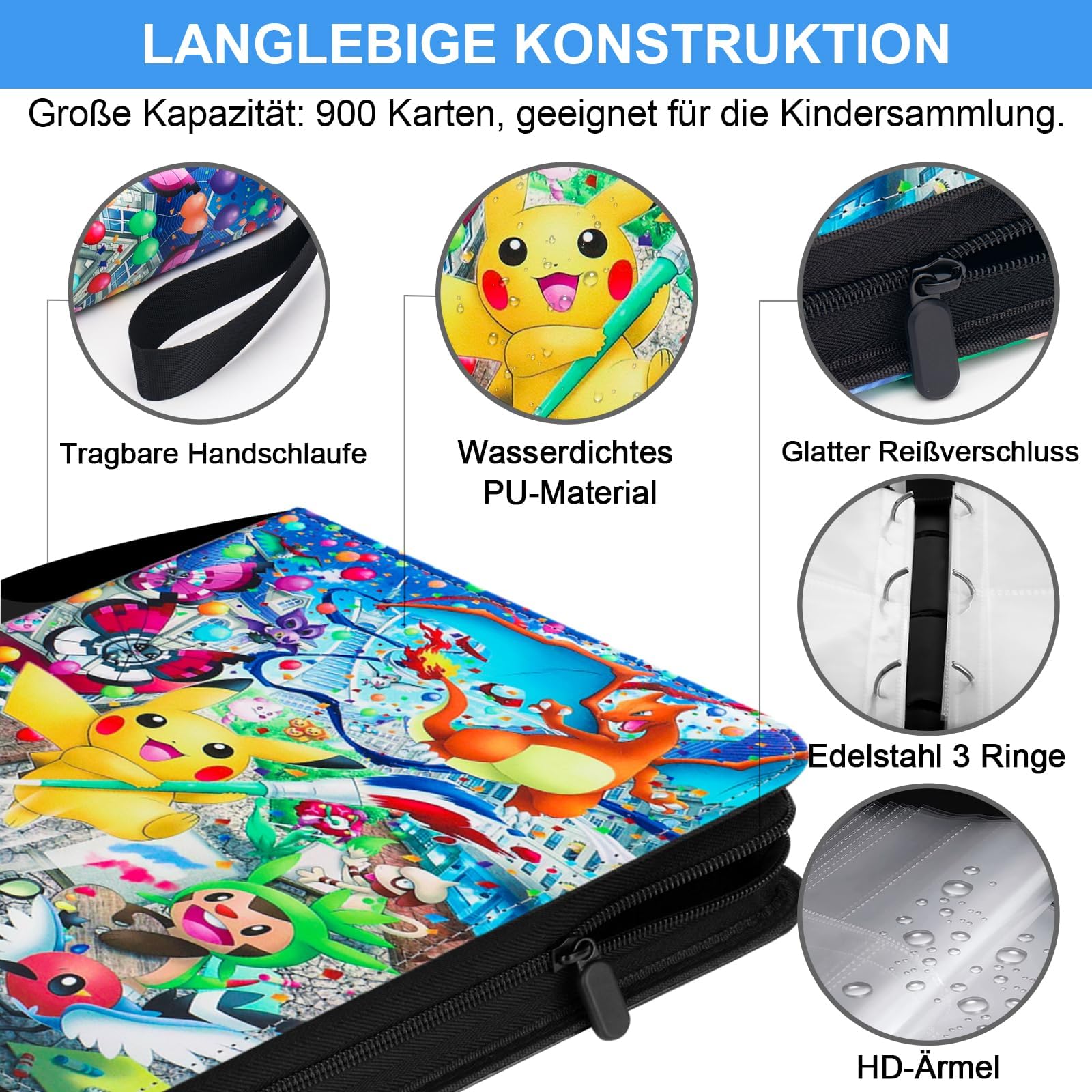 Sammelkarten Album for pokemon - 900 Karten Kapazität Sammelalbum Groß | 50 Doppelseitig,9 Taschen/Seite,Wasserdicht Hefter,PU-Leder,mit Reißverschluss,perfekt für Sammler