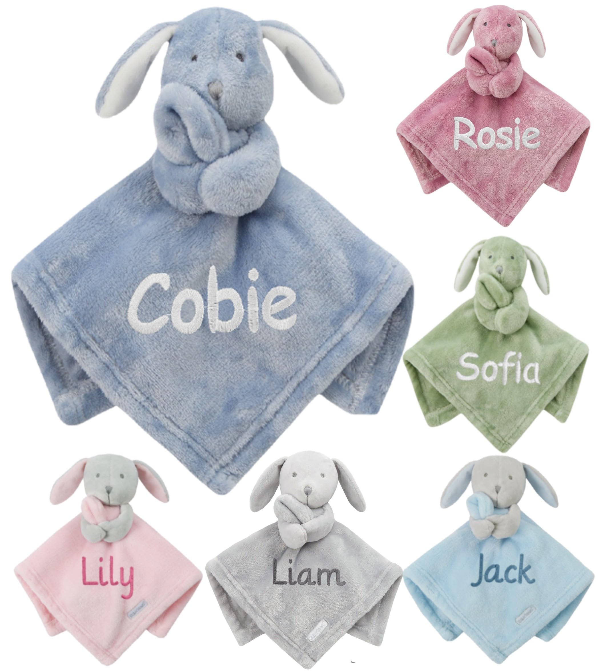 Gembroidery Personalised Baby Comforter Soft Toy Security Blanket Newborn Shower Gift Novelty Snuggly Keepsake Blankie Boy Girl (Dusky Blue Bunny)