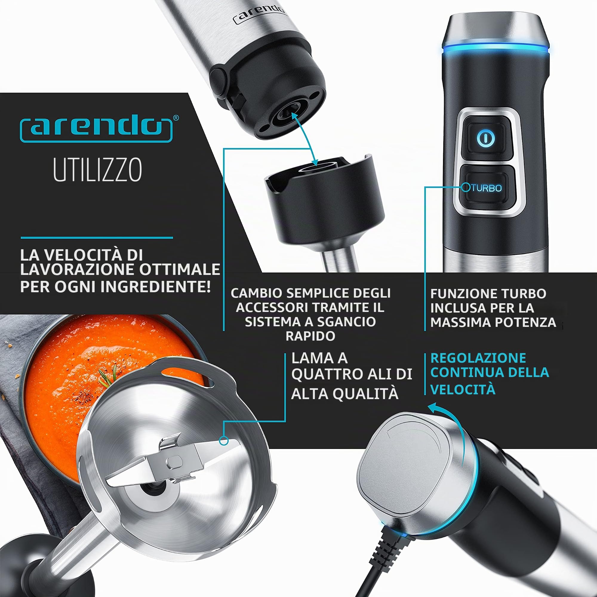 Arendo - Frullatore a immersione in acciaio inox da 1200 Watt - Frullatore ad immersione - Velocità continua - Coltello a 4 ante - Misurino da 800 ml - frusta