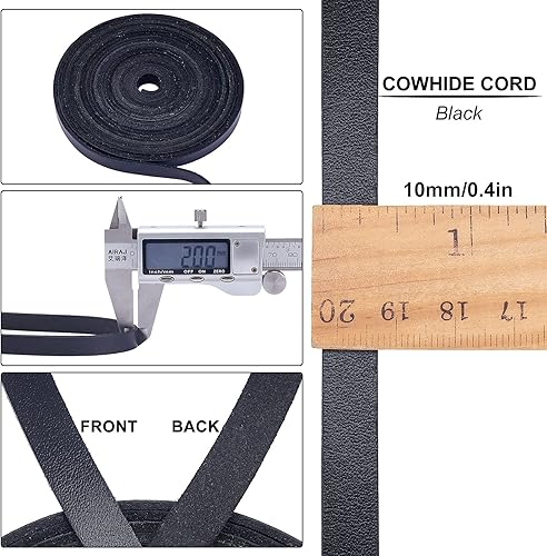 Miniatura 2 de GORGECRAFT Cordón de cuero genuino plano negro de 197 pulgadas y 0.394 in, cuerda de cuero de grano completo, tiras de cuero de vaca de encaje para