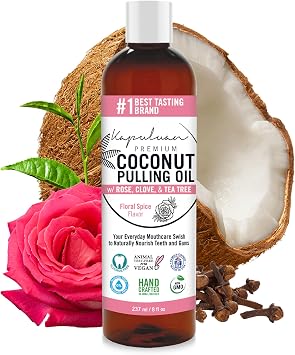 Kapuluan Coconut Oil Pulling for Teeth and Gums Mouthwash, 100% Pure and Natural, Non-GMO, Ayurvedic Refreshing Rose Clove Essential Oils