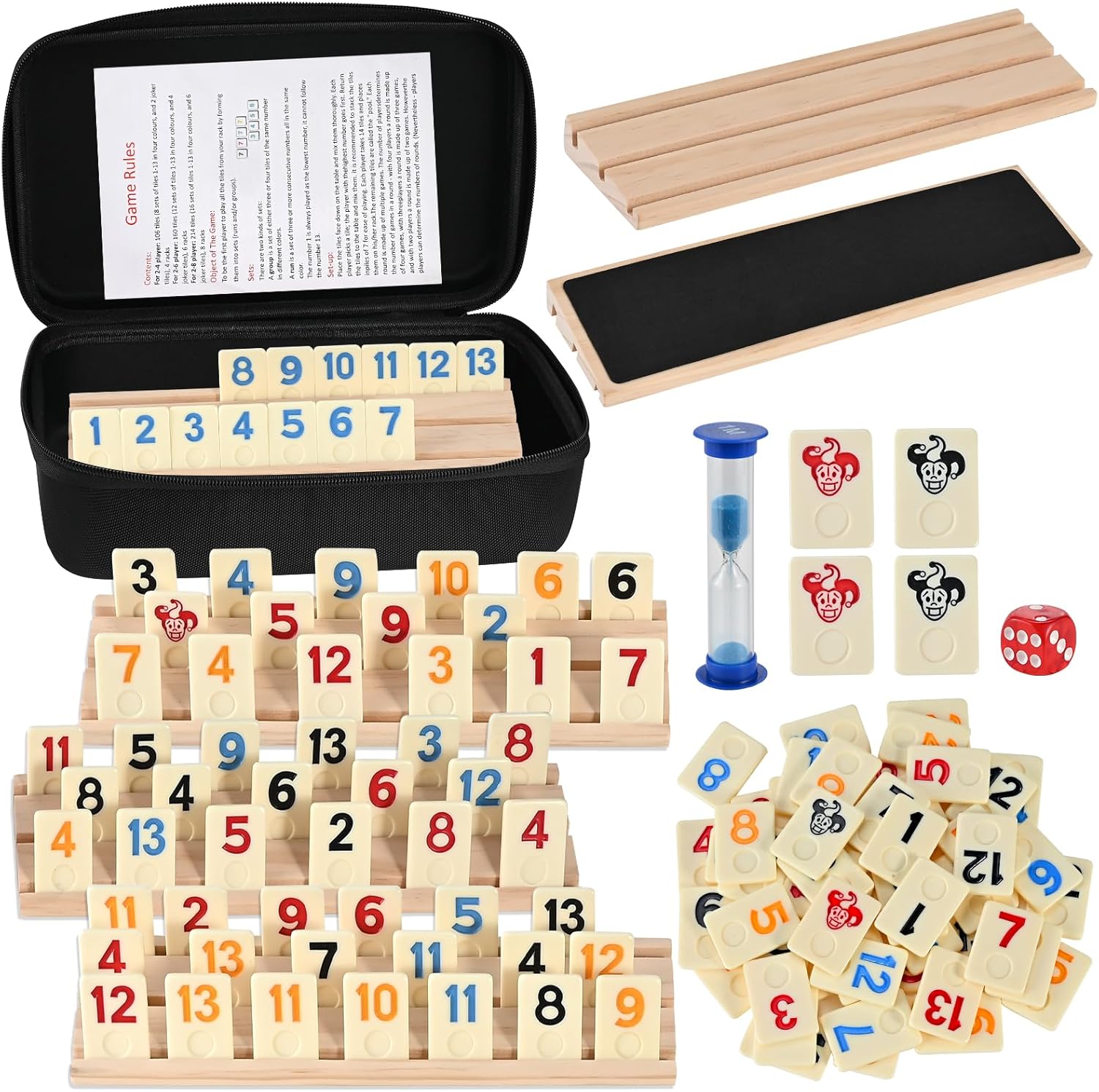 Rummy Cube Game 2-6 Players with 160 Rummy Tiles, 6 Wooden Racks, Portable Case, Hourglass and Dice, Classic Family Board Game for Adults Kids