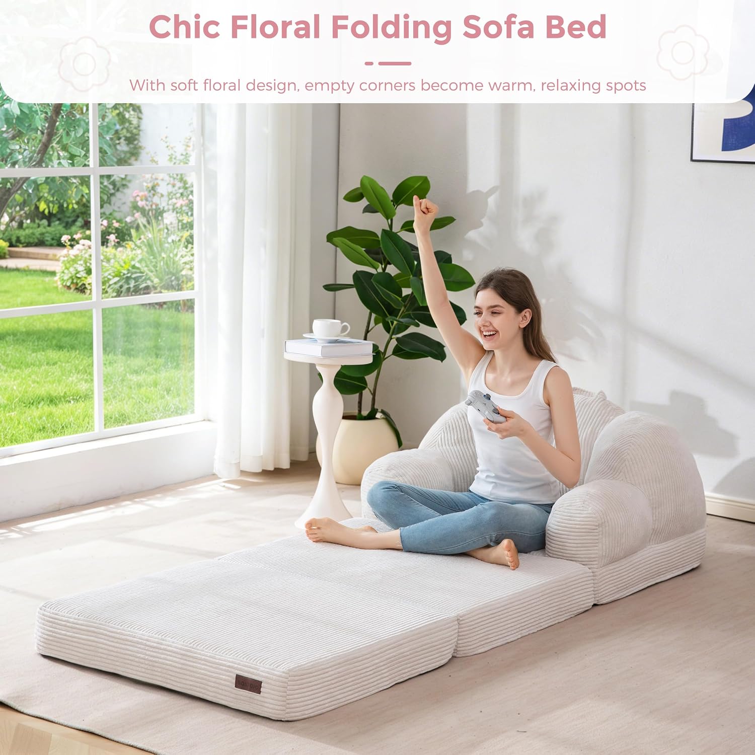 MAXYOYO Folding Sofa Bed, Floral-Shaped Convertible Floor Sofa Couch with Backrest, 2 in 1 Comfy Lounger Bean Bag Chair with Handle, Floor Single Couch for Living Room Bedroom, Beige