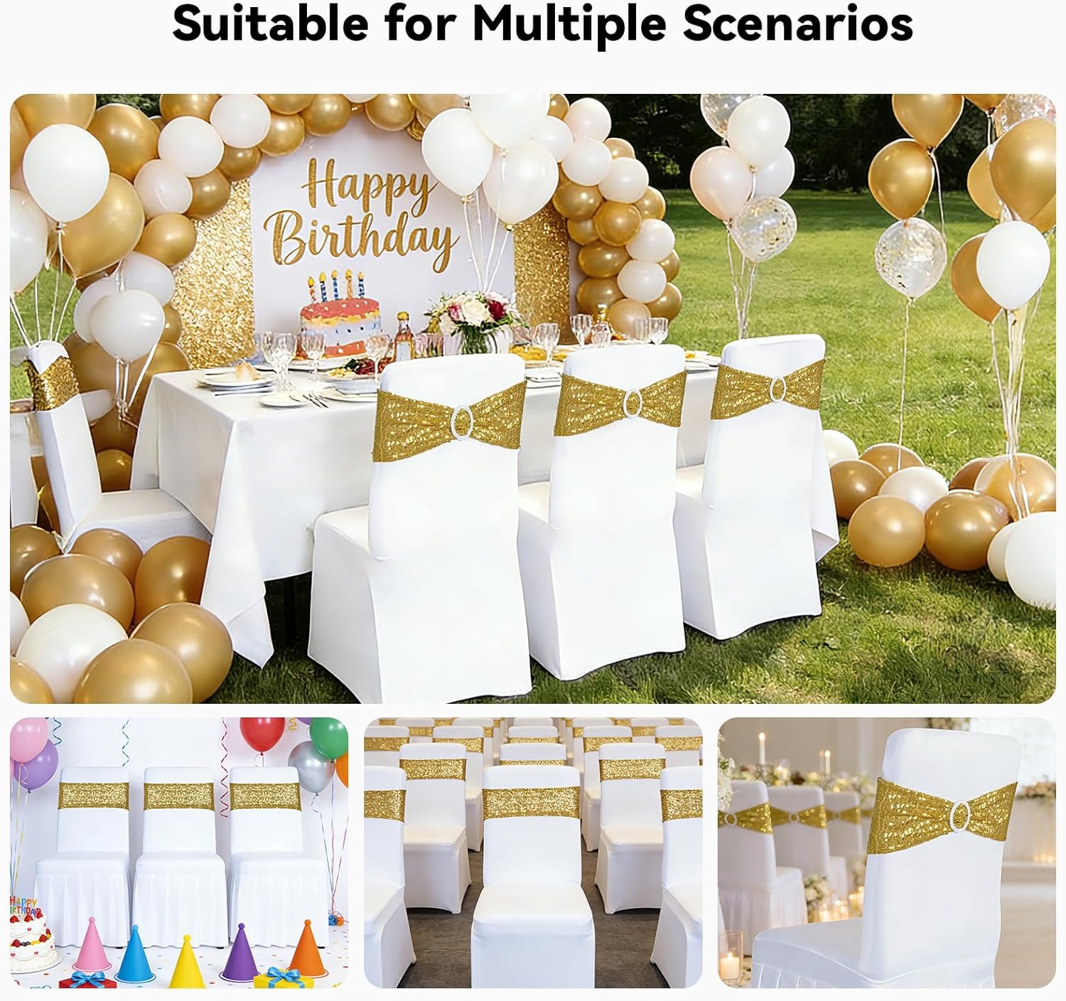 Poise3EHome Pack of 50 Gold Sequin Chair Sashes, Double Sided Glitter Stretchy Chair Bands with Buckle for Bridal Shower Party Wedding Banquet Reception Decorations