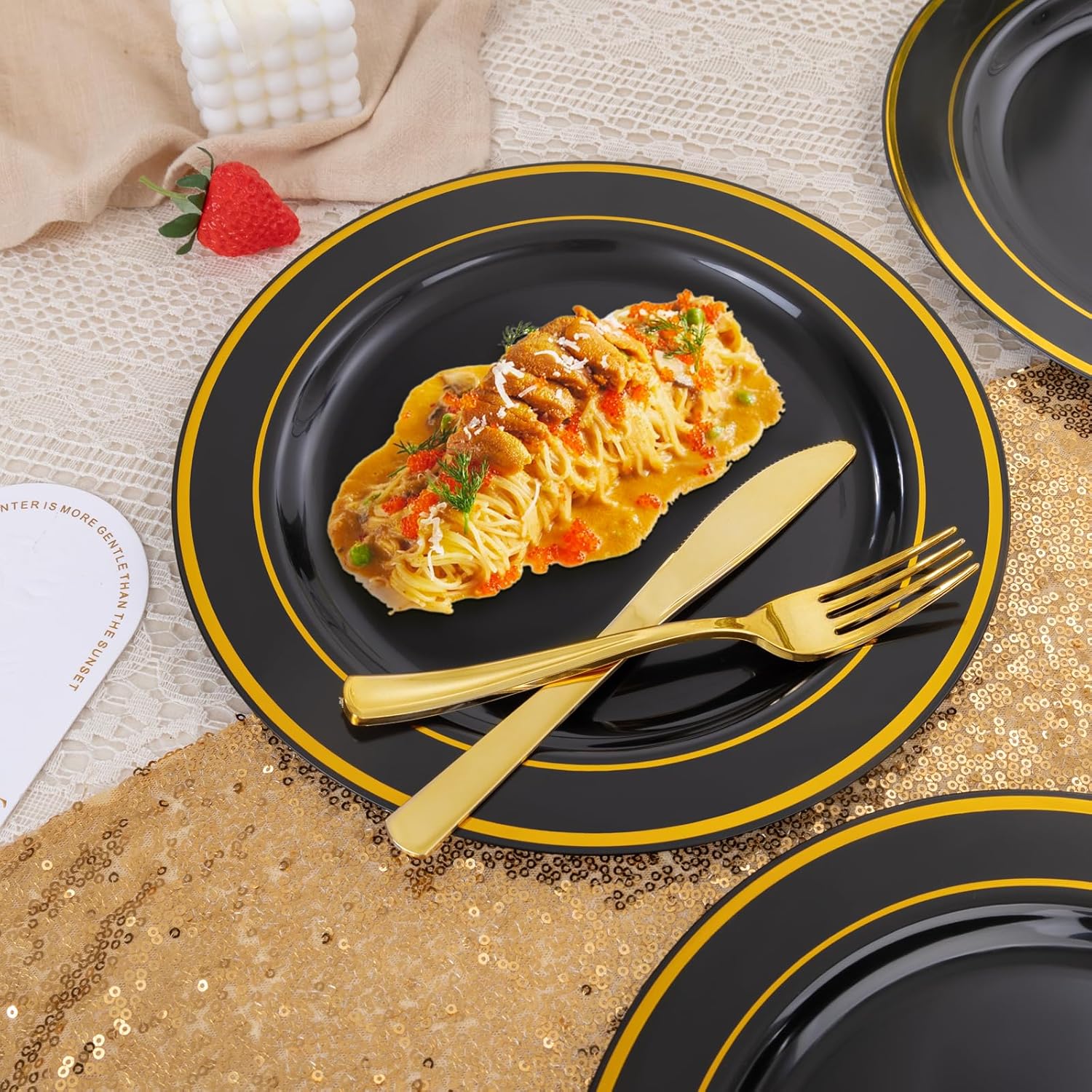 bUCLA 100 Pieces Black and Gold Plastic Dinner Plates - 10.25 inch Black Disposable Plates with Gold Rim - Ideal for Party, Graduation & New Year - Image 7