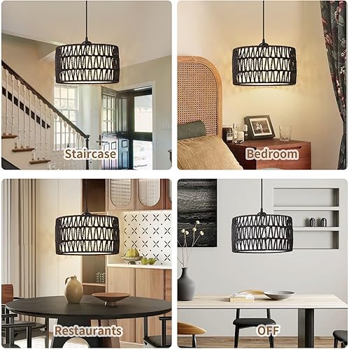 Miniatura 7 de Lámpara colgante enchufable, luces colgantes de ratán con cable enchufable, pantalla tejida y de tela 2 en 1, lámpara colgante enchufable para