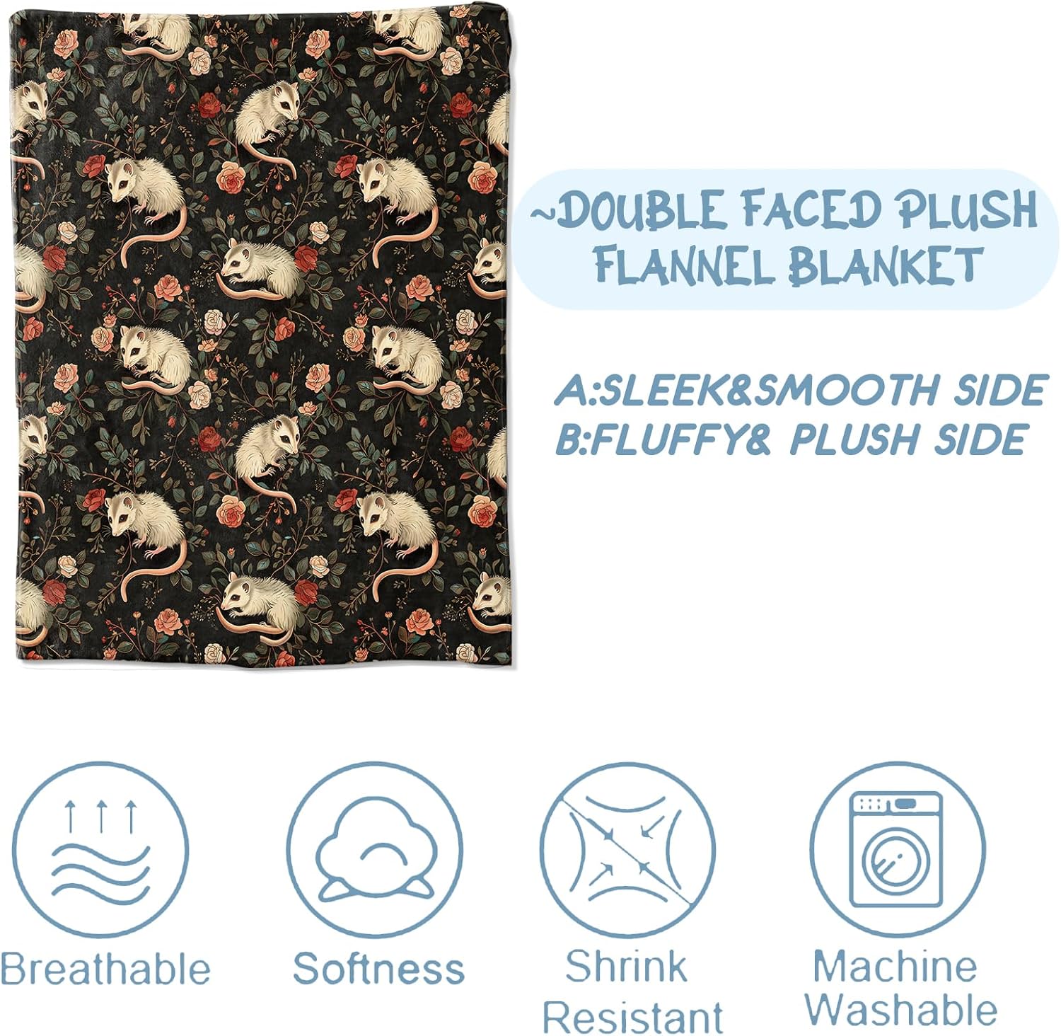 Elegant Opossum Fleece Blanket, Soft Throw with Floral Botanical, Lightweight Cozy Blankets for All Seasons, Vintage Home Decor and Gifts for Flower and Animal Lovers, 50x60 Inch - Image 3