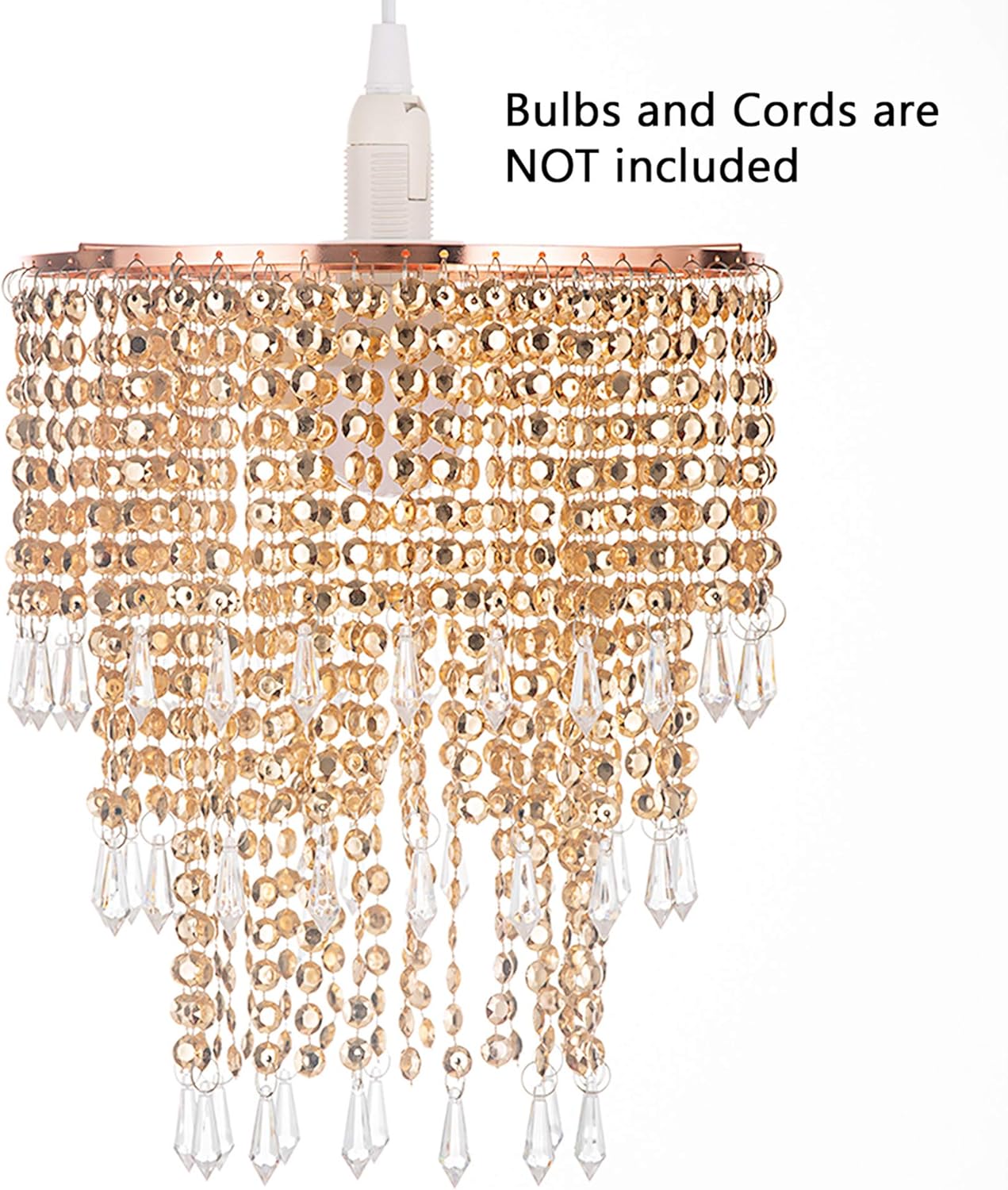 Waneway Acrylic Chandelier Shade, Ceiling Light Shade Beaded Pendant Lampshade with Crystal Beads and Rose Gold Frame for Bedroom, Wedding or Party Decoration, Diameter 8.7 inches, 3 Tiers, Copper