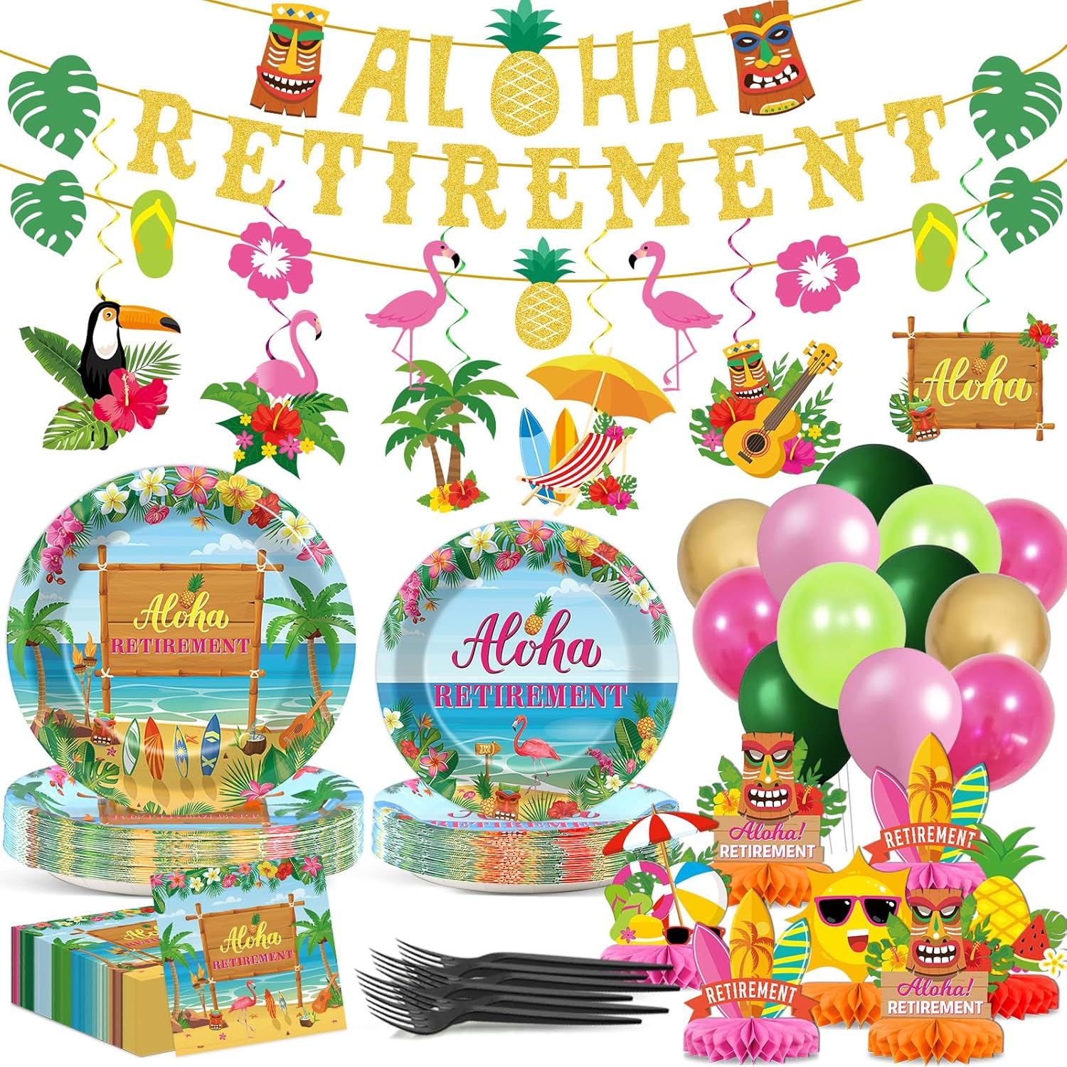 156Pcs Tropical Hawaiian Luau Retirement Party Decoration Beach Happy Retirement Tableware Dinnerware Summer Aloha Paper Plate Napkin Banner Balloon Hanging Swirl Honeycomb Centerpieces Party Supplies