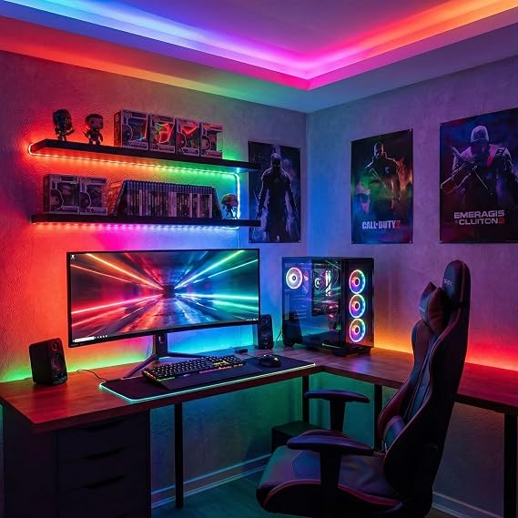 AmberLED 3 Metre RGB Şerit LED Seti - Bluetooth Uygulama Kontrollü - Müziğe Duyarlı 5050 3 Çipli Tak Çalıştır - Adaptör Dahil - İç Mekan Silikonsuz Aydınlatma [Enerji Sınıfı F]