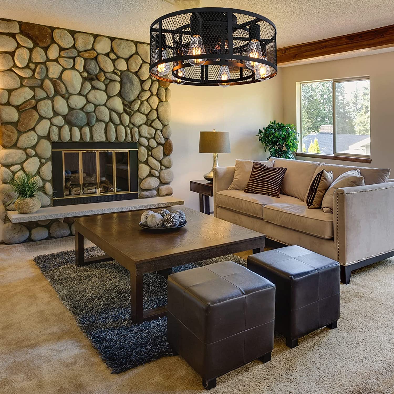 Ohniyou Cage Ceiling Fan with Light, 21 Inch Farmhouse Low Profile Ceiling Fan with Light Remote Control, Industrial Flush Mount Bladeless Ceiling Fan with Lights for Bedroom Living Room Kitchen