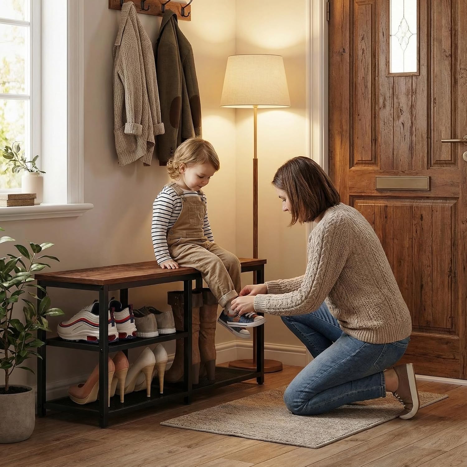 Shoe Bench with Storage, Shoe Rack Organizer, Spacious Wood Top Entryway Bench, with 300 lb Capacity for Hallway, Living Room, Rustic Brown (3 Tier 31.5″x11.81″x15.74″)