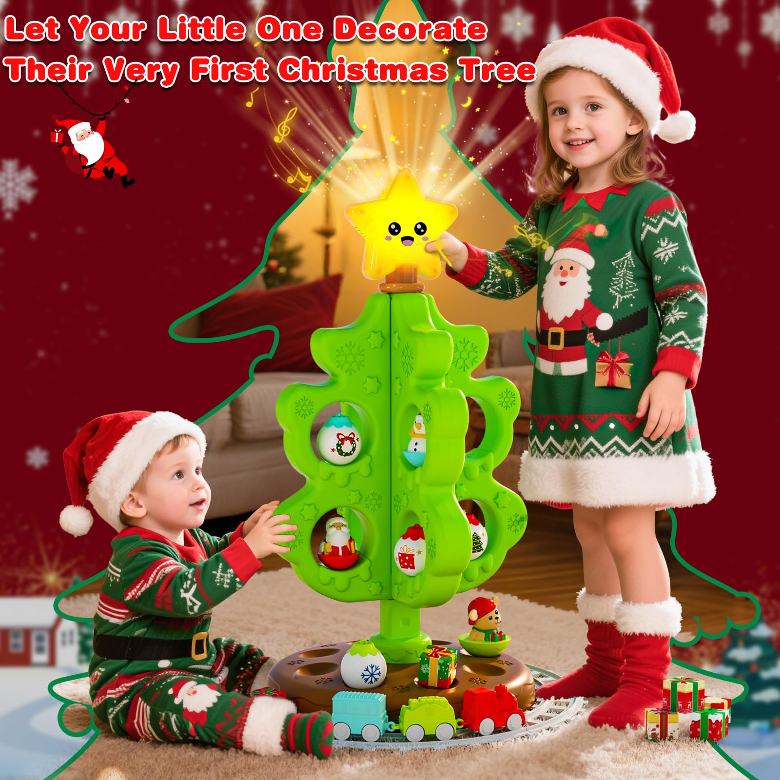 Mio Primo Albero di Natale per Bambini, Giocattolo Montessoriano Musicale con Luci e Decorazioni, Set di Trenini in Miniatura, Giocattoli a Rulli, Burattini da Dito, Regali Natale per Bambini Bambina