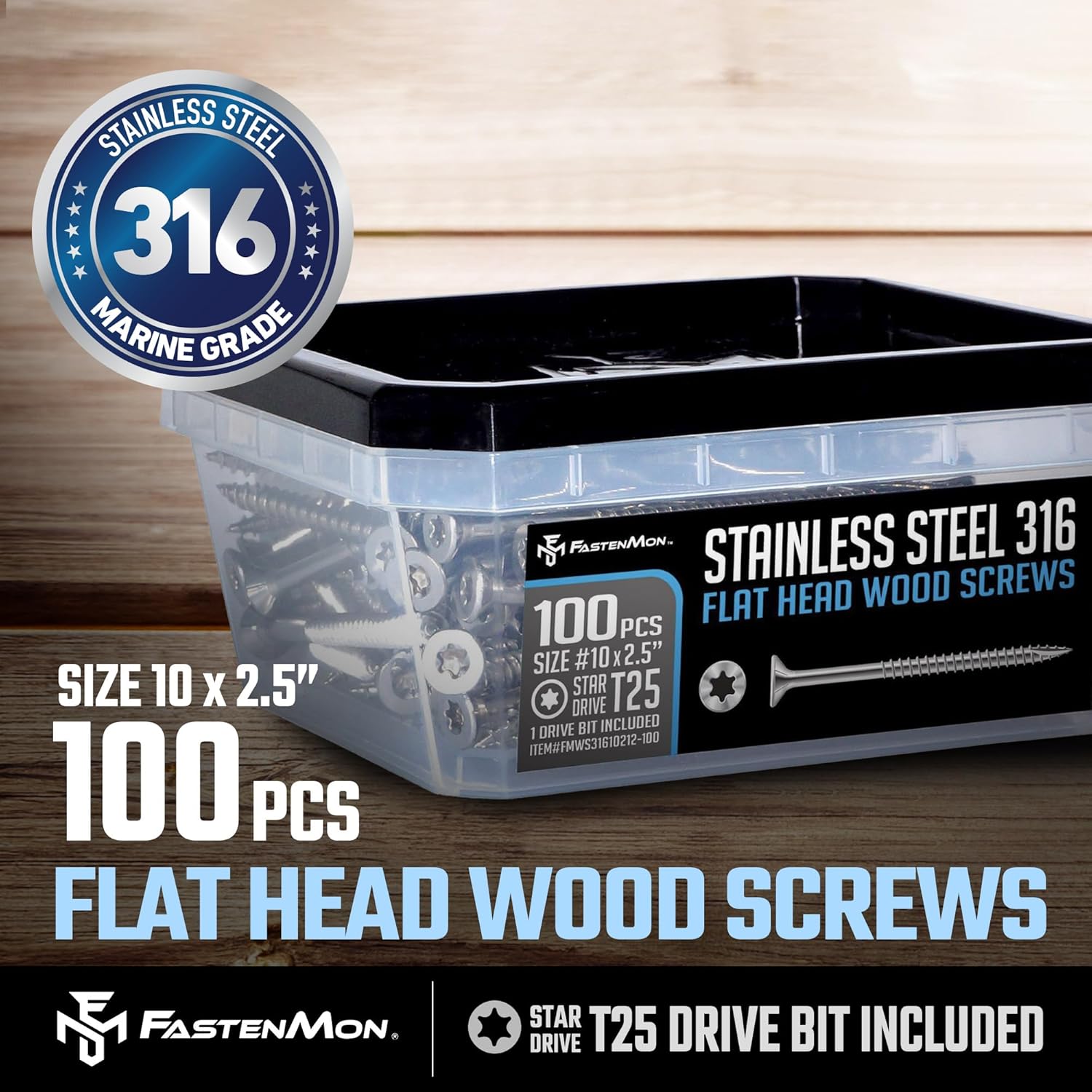 FastenMon #10 x 2-1/2" Marine Grade Type 316 Stainless Steel Wood Screws - 100 Pack with T25 Bit – Torx Flat Head Type 17 Point Ideal for Decks, Fences, and Coastal Construction