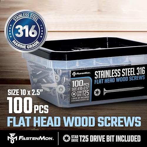 Miniatura 2 de FastenMon - Tornillos para madera de acero inoxidable 316 #10 x 2-12 pulgadas, grado marino, paquete de 100 unidades con broca T25, cabeza plana
