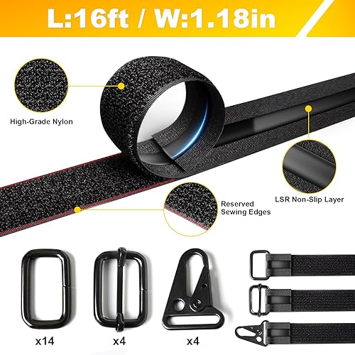 Miniatura 2 de Cierre resistente de 1.18 x 16 pies y correas de cincha súper antideslizantes con 22 hebillas, gancho y bucle de nailon negro, reutilizable para