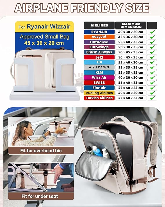 Travel Laptop Backpack for Men Carry On Backpack Flight Approved Spirit Airlines Personal Item 18x14x8 inches Luggage Bag Sports Hiking Rucksack Waterproof Casual Daypack College Business Beige