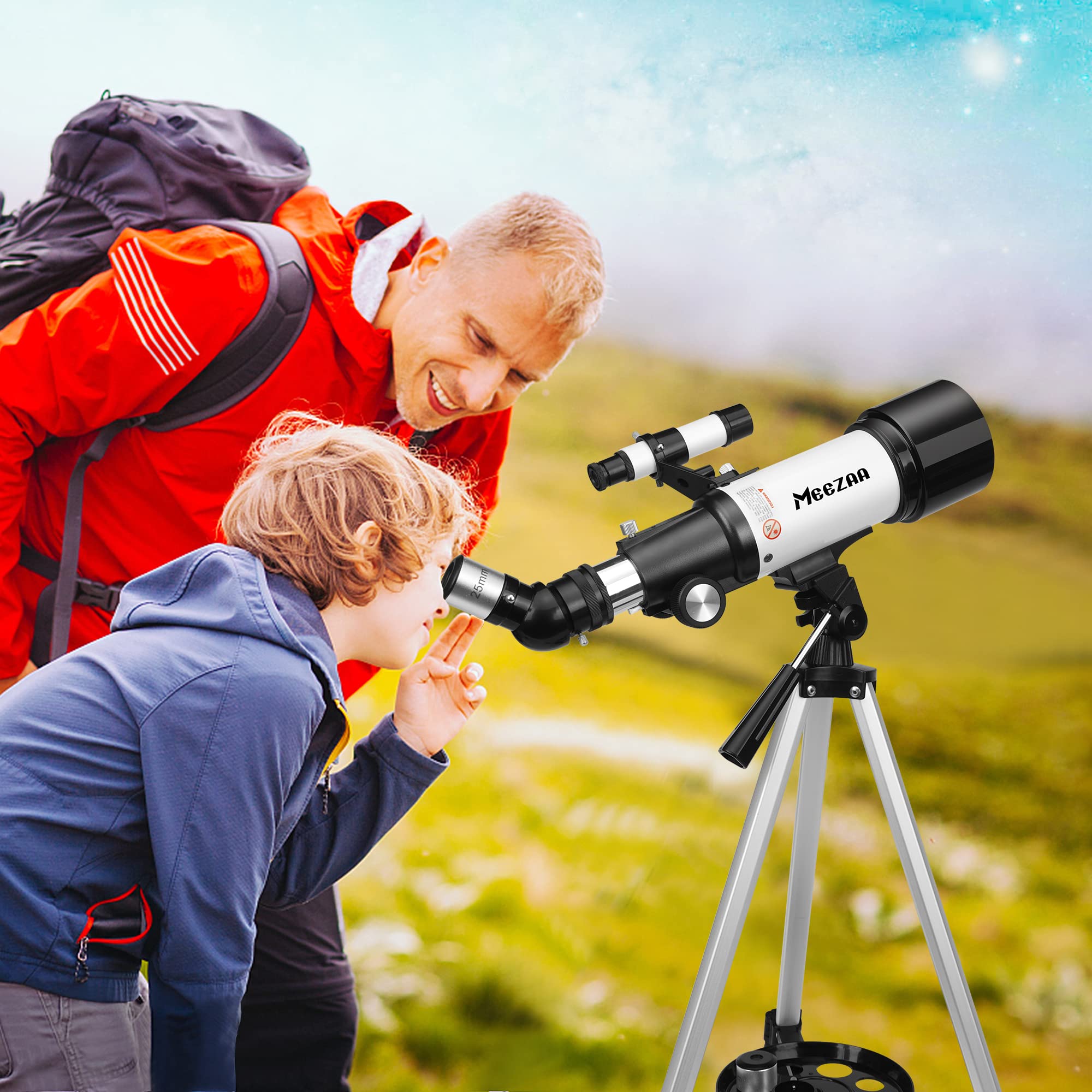 MEEZAA Telescopio Astronómico Profesional para Niños y Adultos, 70 mm Apertura Telescopio Refractor Astronómico para Principiantes, Telescopios de Viaje Portátil con Trípode, Adaptador de Teléfono
