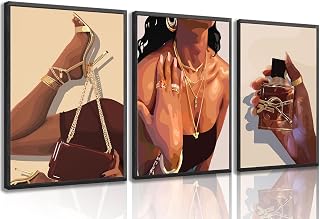 3Pcs Black Girl Wall Art African American Woman Canvas Pictures Fashion Girl Abstract Posters Prints Boho Black Female Paintings for Nordic Minimalist Room Bedroom Wall Decor Unframed