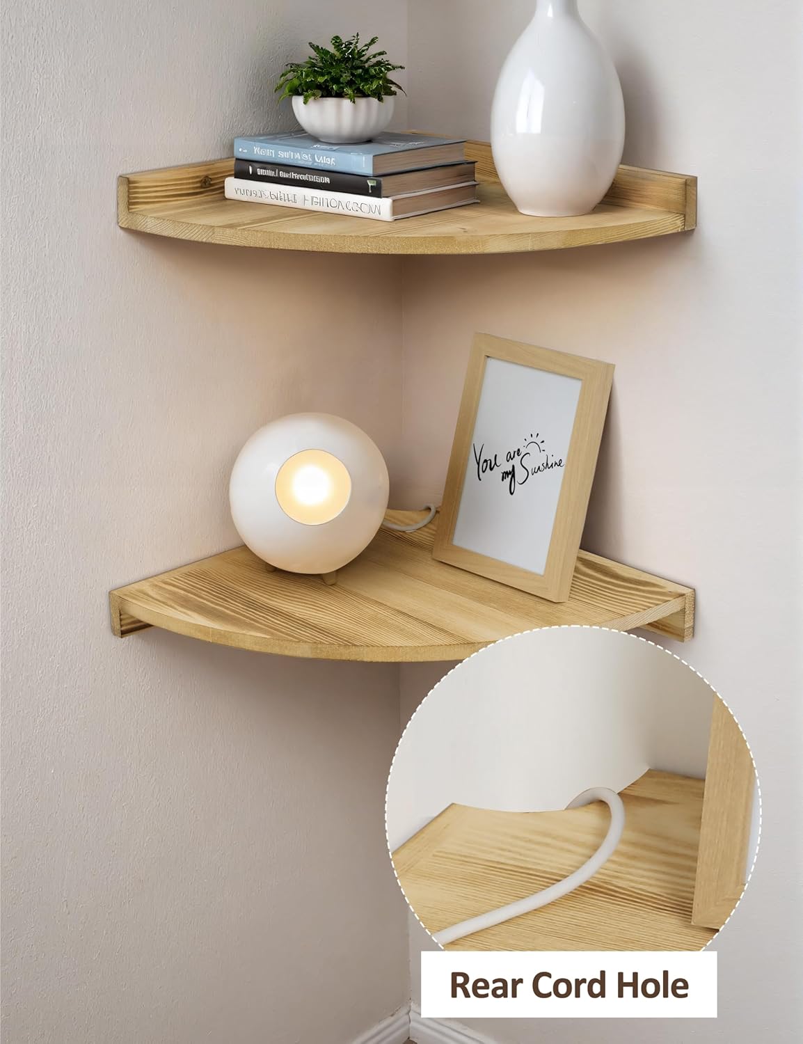 Corner Shelves Wall Mount, Farmhouse Rustic Corner Floating Shelf with Cord Hole, Wooden Storage Organizer Corner Wall Shelves for Kitchen Living Room Bedroom Laundry Office, 12x12 Inch