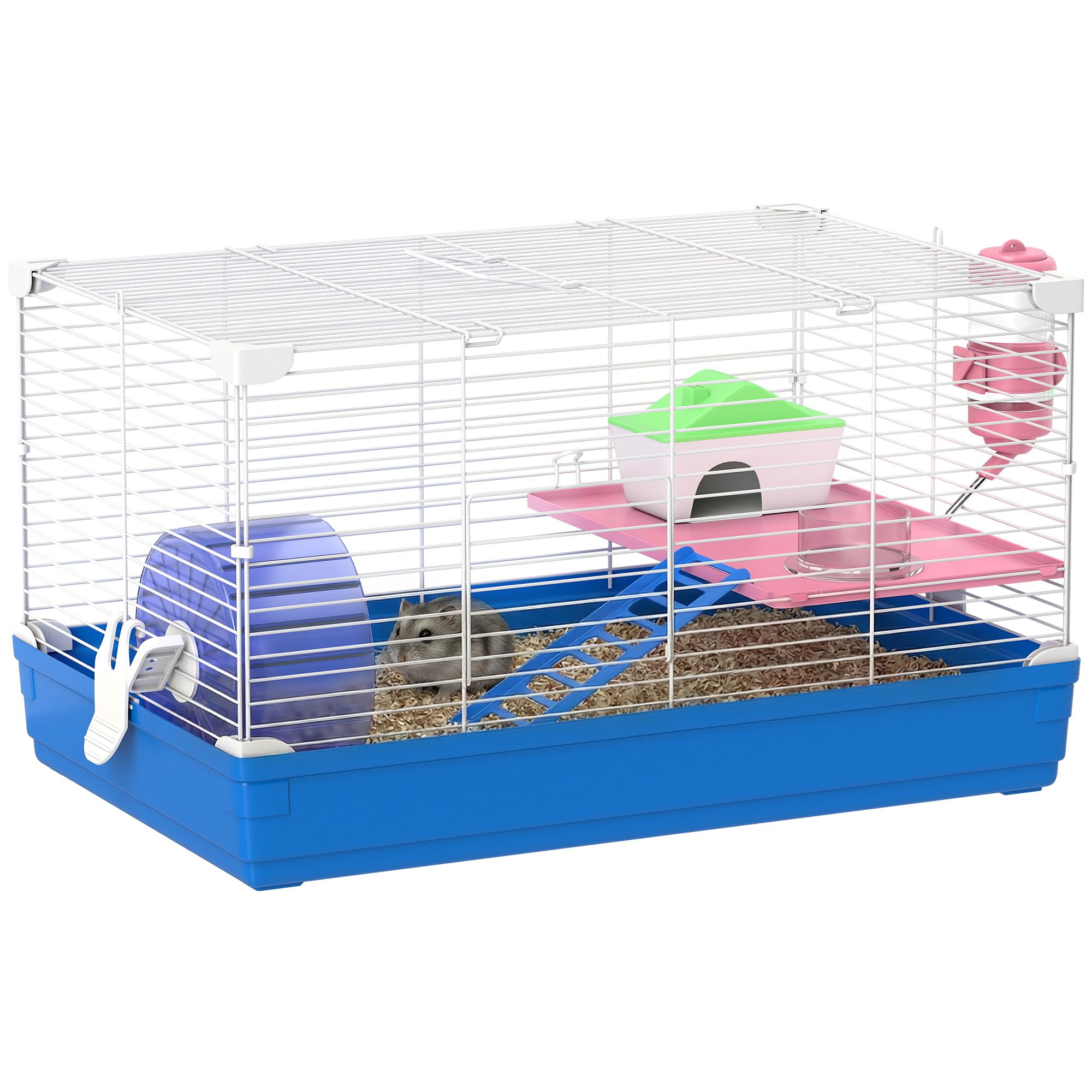 PawHut Jaula para Hámster, Casa para Roedores Pequeños con Rueda de Ejercicio, Cuenco, Bebedero, Casita, Rampas, Plataforma, Bandeja Extraíble, para Jerbos, 47x30x27 cm, Azul