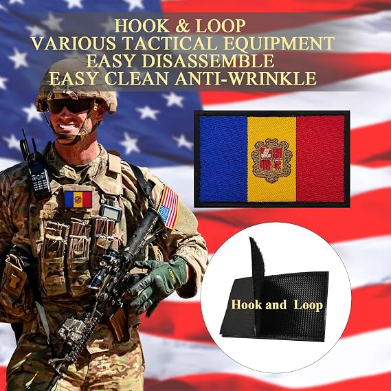 2PCS Andorra Flag Patches Morale Patch Hook and Loop | Embroidered,Europe,Tactical Military Patch,Versatile Tactical Attachment,Applique Fastener,32 inches