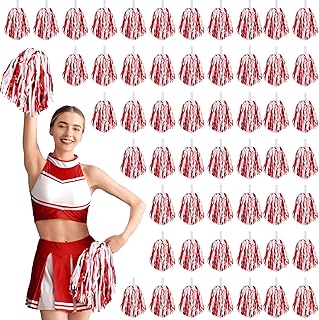 60 Pcs Cheerleading Pom Poms Cheering Pompoms Bulk Cheer Metallic Foil Pom with Baton Handle Plastic Poms Squad for Game Team Spirit Sports Dancing Basketball Club