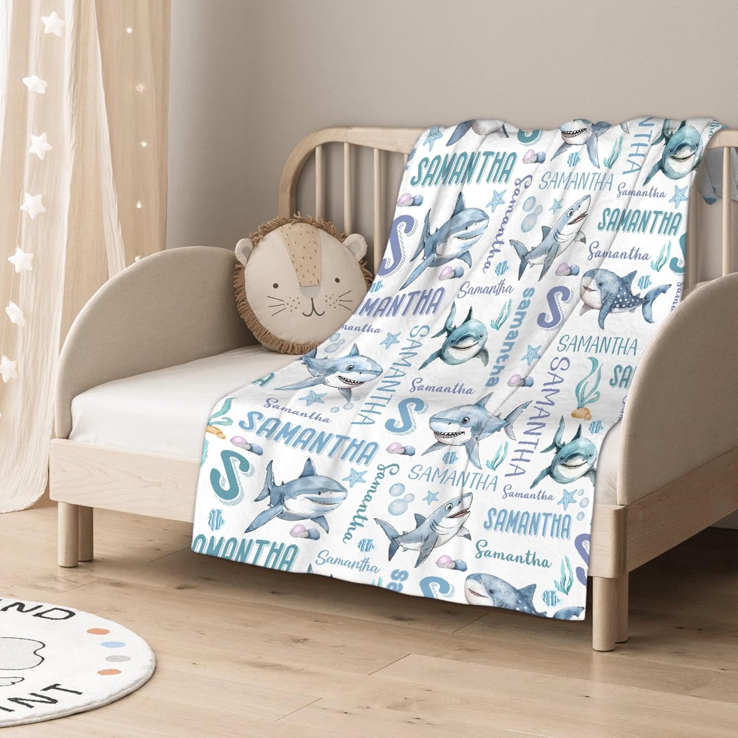 Thuswarm Personalized Baby Blanket for Girls Boys Kids Shark Custom Baby Blanket with Name Throw Birthday Gift for Toddlers Infants Shower Newborns Nursery Stroller Crib Bed Decor