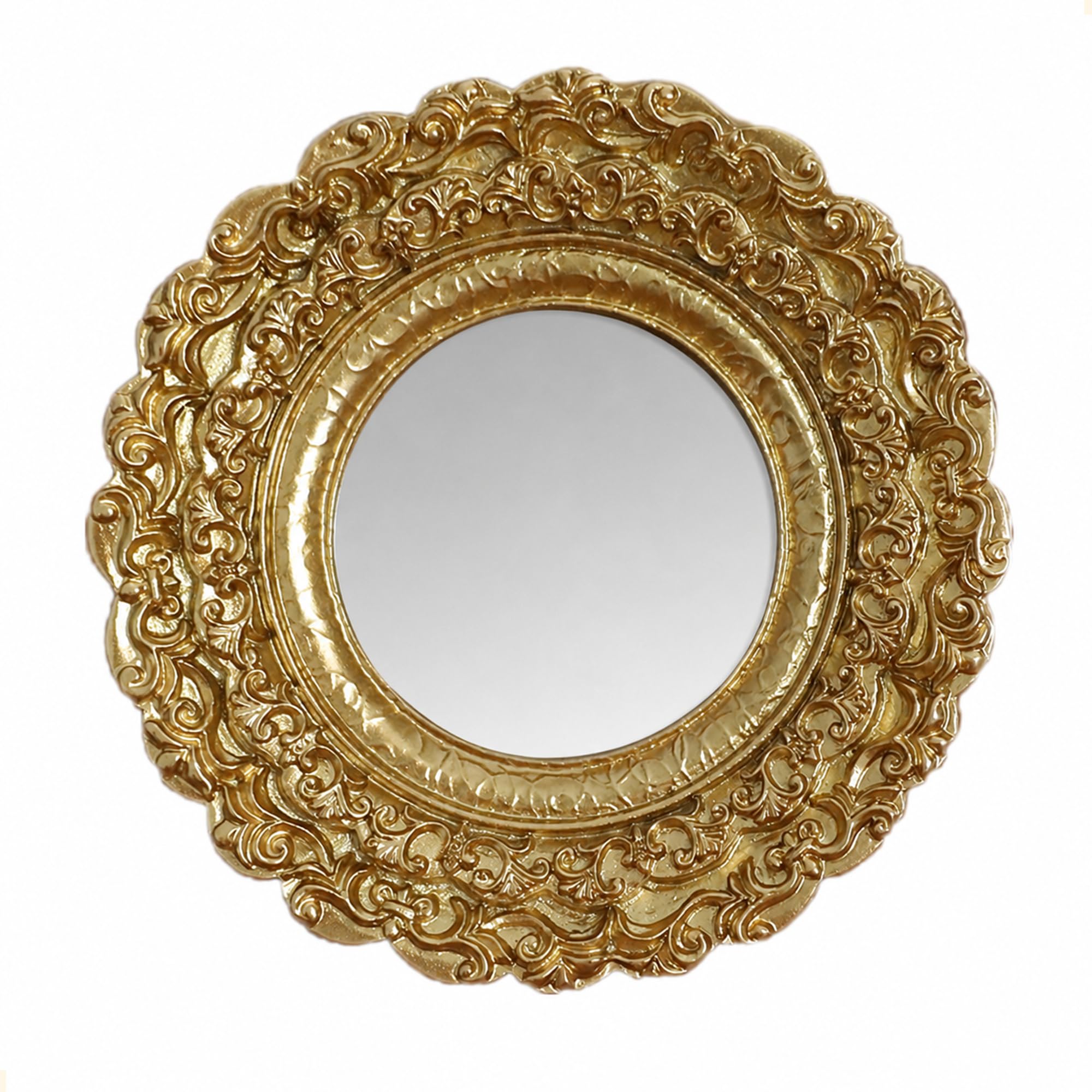 Photo 1 of ***STOCK PHOTO FOR REFERENCE ONLY*** PYOAGT Golden Mini Vintage Mirror with Exquisite Relief Elegant Wall Decor for Bedroom Dresser Table Compact Resin Retro Design (Gold Round, 5X5)