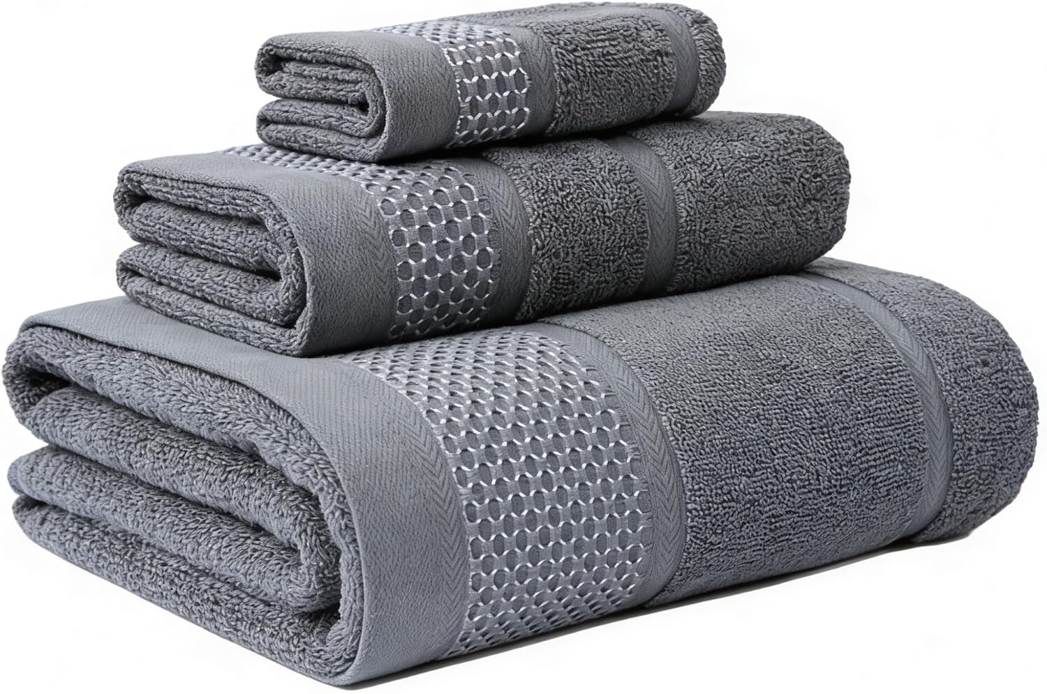 3 Piece Cotton Bath Towel Set with Decorative Border, Soft Absorbent Terry Towels, Large Bath Towel Hand & Face Towels Set, Bathroom Towel Set(Gray)