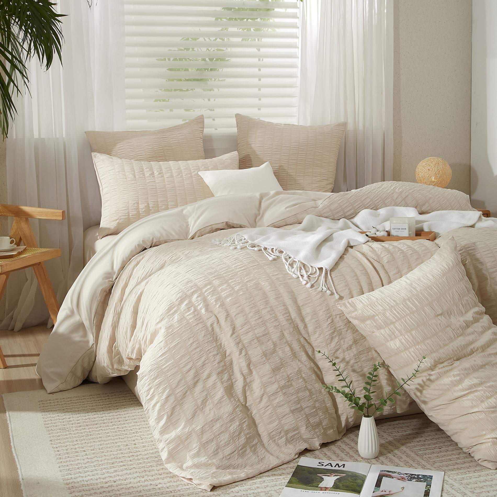set di biancheria da letto in seersucker, 220 x 240 cm, beige a righe, stile moderno, 3 pezzi, in microfibra, morbido, traspirante, con copripiumino e 2 federe da 80 x 80 cm, con cerniera