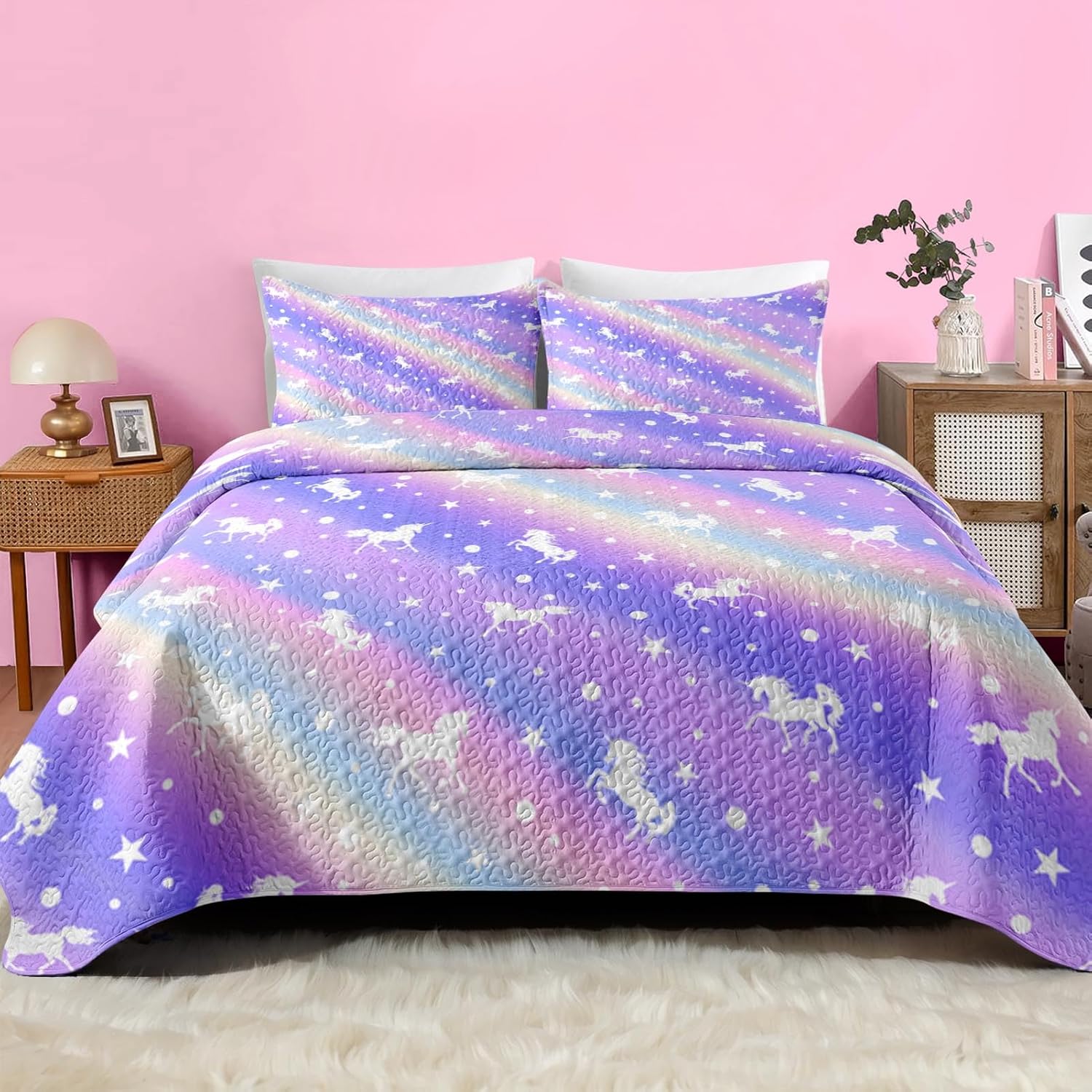 Quilt Set Twin Size, Purple Colorful 2 Pcs Soft Bed Cover Bedding Set for Kids and Adults, Unicorn Rainbow Star Lightweight Bedspread Coverlet with Pillow Sham for All Season