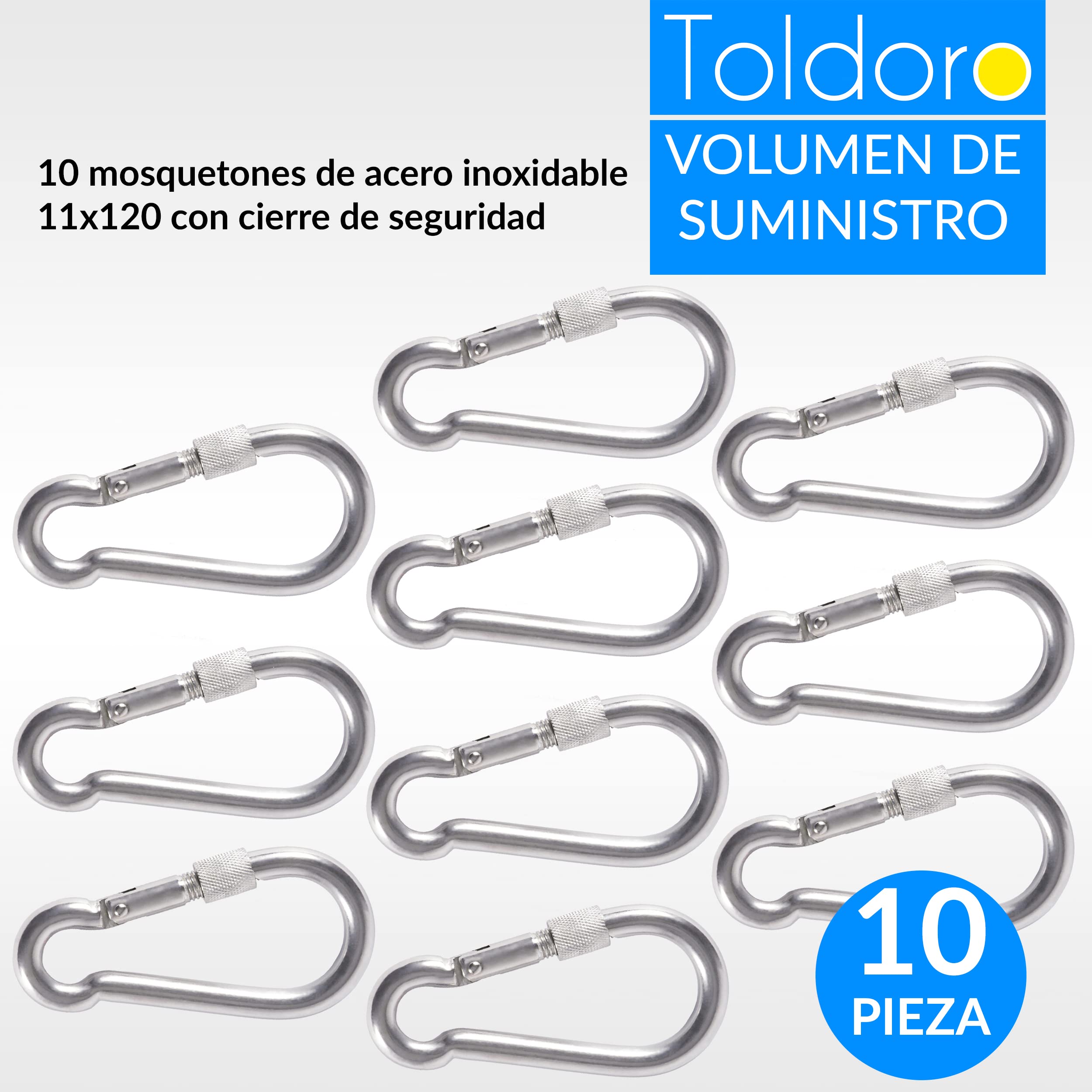 Toldoro Mosquetón de acero inoxidable con cierre de seguridad, mosquetón de 120 mm, mosquetón para fijación, mosquetón de acero inoxidable con cierre