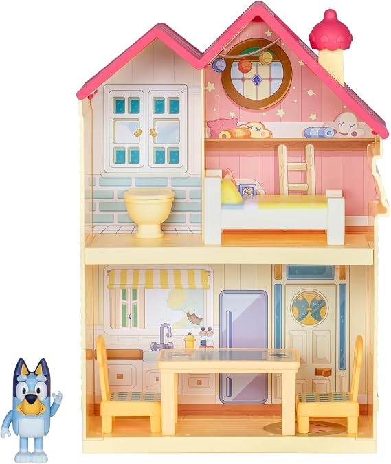 BlueY Blueys Family Home Mini Play Set Compact Family Home Playset with Carry Handle Three Different Rooms Kitchen Bedroom and Bathroom Includes Figure and 5 Toys